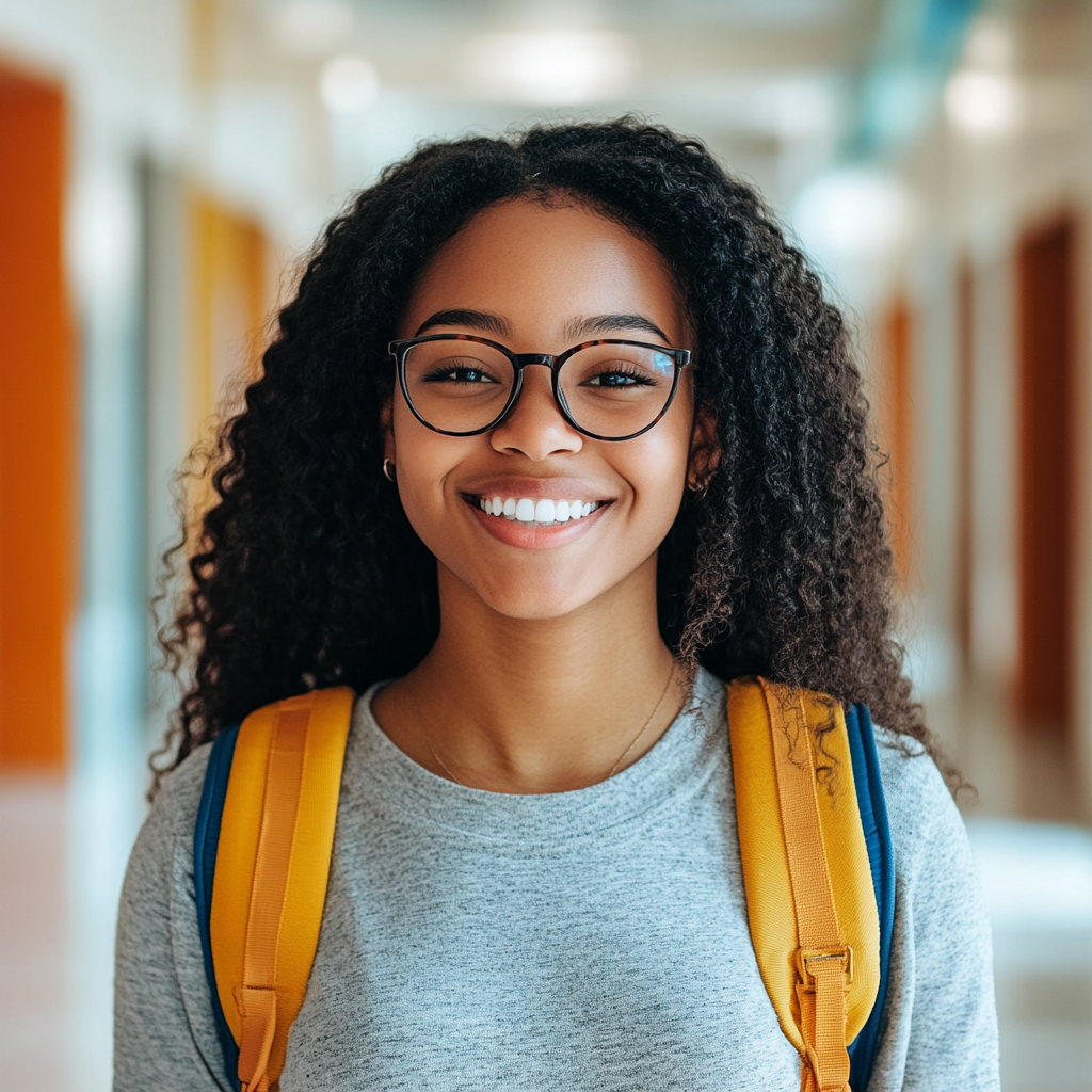 Student smiling in school hallway